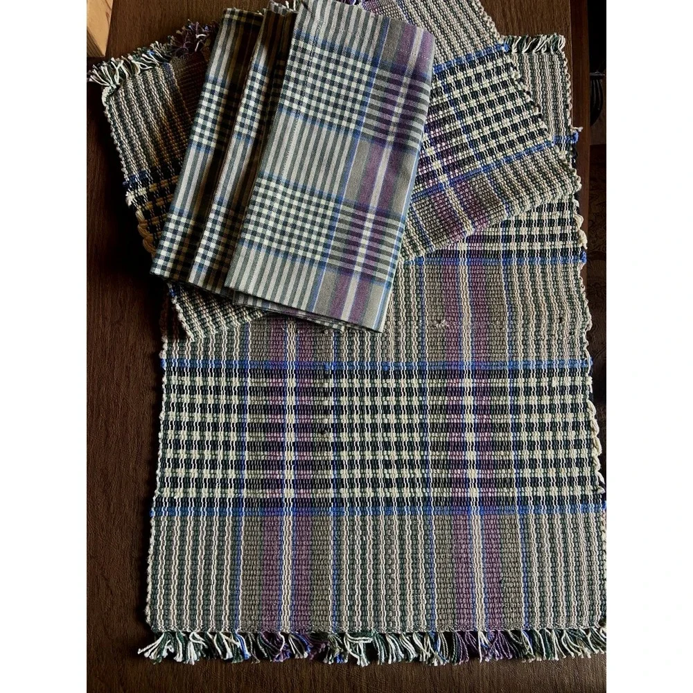 Pier 1 Purple Green 2 Placemats & 3 Napkins Country Tartan Woven Cotton‎ Plaid